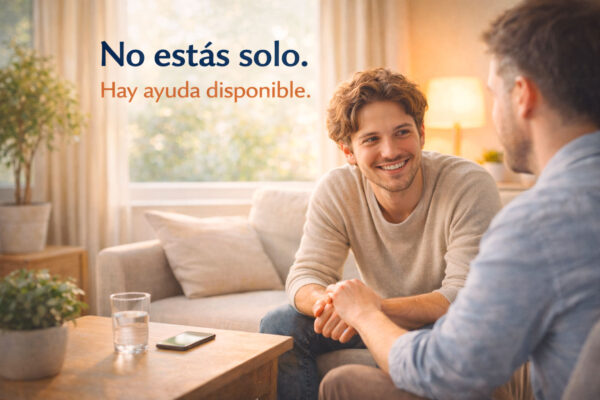 Dos personas conversando en un ambiente cálido y cercano, reflejando apoyo emocional, esperanza y la importancia de buscar ayuda en momentos de crisis.